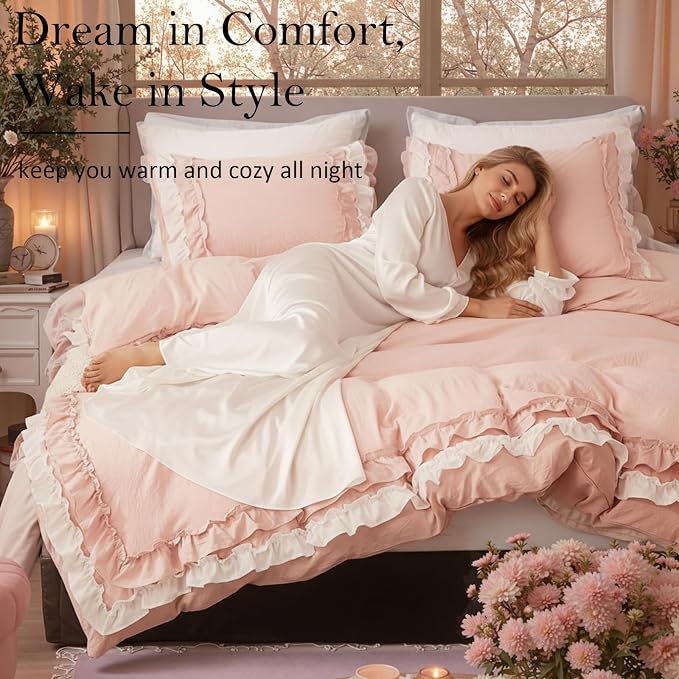 Bedorm Ruffle Duvet Cover King Coquette Bedding Ultra Soft Breathable Shabby Chic Bedding Pink Ruffled Duvet Cover Set Cute Comforter Cover