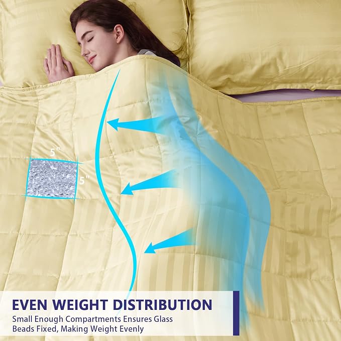 Weighted Blanket for Adults (25 lbs, 60" x 80", Mustard yellow Stripes) Heavy Blanket for Sleeping Perfect for 240-260 lbs, Queen Size Breathable Blanket with Premium Glass Bead, Machine Washable