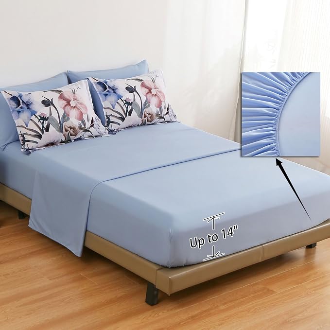 Floral Comforter Set King Size 7 Piece, Blue Flower Bed in a Bag, Elegant Floral Comforter with Sheet Set, Soft Microfiber Bedding Set for All Season (Blue, 104"x90")
