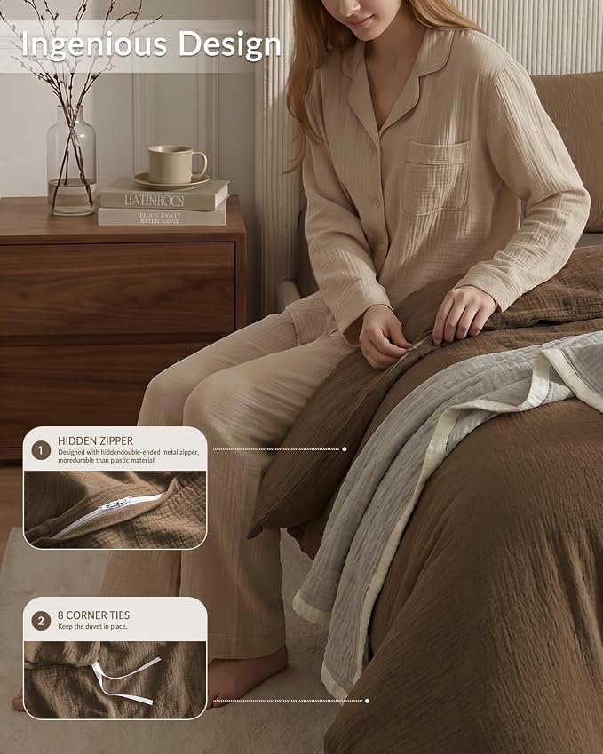 SE SOFTEXLY Muslin Duvet Cover California King Size, 100% Washed Cotton Duvet Cover Set, Soft Comforter Cover Linen Like, 3 Pieces Minimalist Gauze Duvet Cover with 2 Pillowcases, 98"x104", Dark Brown