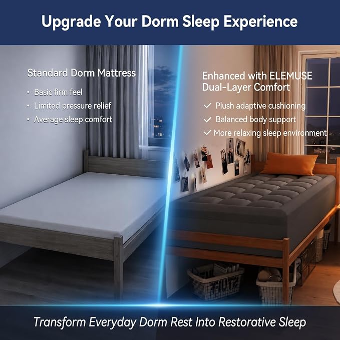 ELEMUSE Twin XL College Dorm Essentials 3 Inch Memory Foam Mattress Topper | Dual Layer Design, 2 Inch Cooling Gel Foam and 1 Inch Soft Pillow Top Bed Pad, Back to School, Comfortable Support