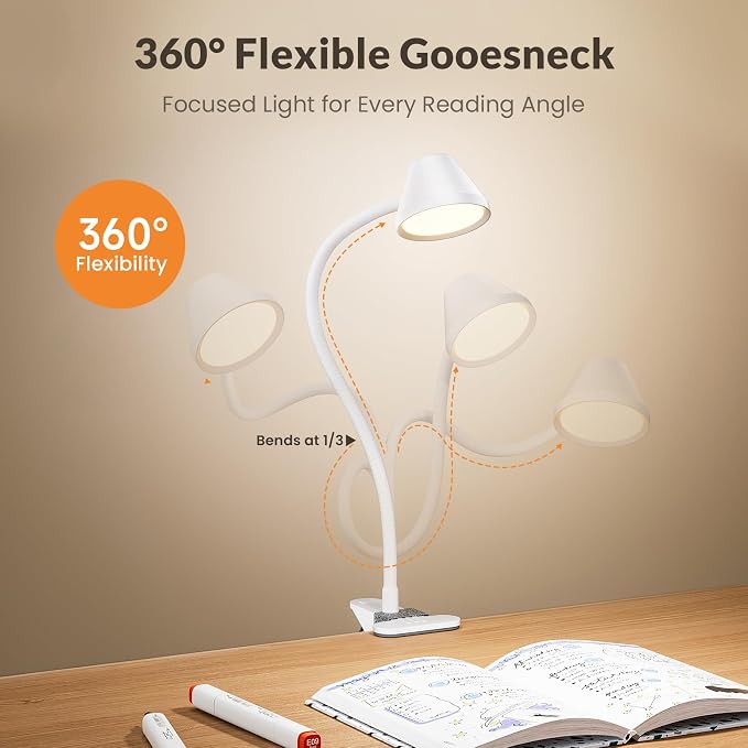 LEPOWER Clip on Light, Reading Lights for Books in Bed, 400LM, RG0 Eye-Care | 5 Colors & Stepless Dimming, Amber Glow Light & Auto Timer, Up to 2.3" Strong Clamp with Adapter for Headboard, Bedside, Desk