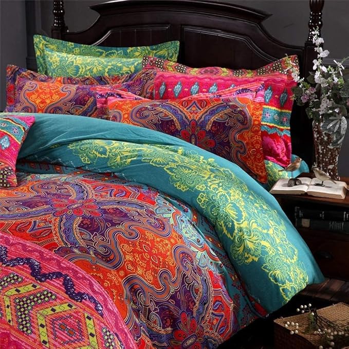 Boho Twin Comforter Set Soft Chic Bedding Twin Comforter Set 2 Pieces Lightweight Exotic Red Teal Bohemian Mandala Colorful Retro Printed Comforter Set for All Seasons Luxury Comfy
