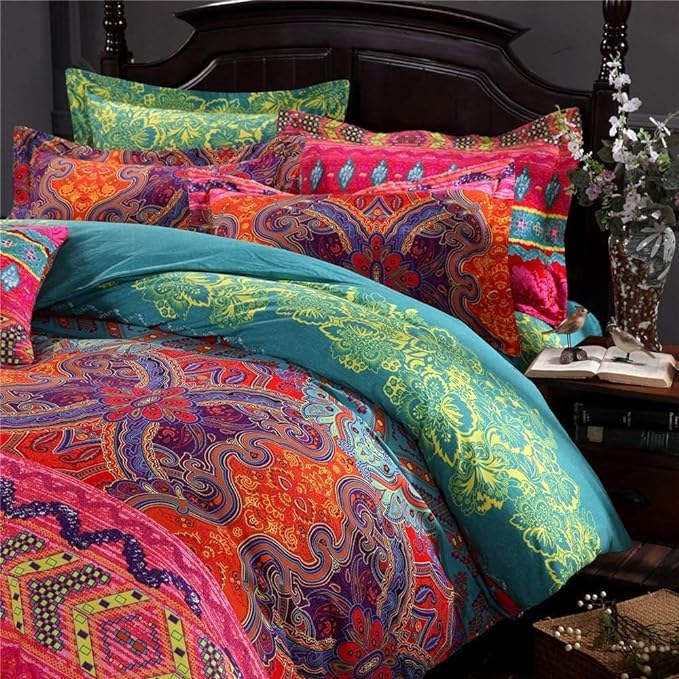 Boho Full Comforter Set Soft Chic 3 Pieces Bedding Full Comforter Set Lightweight Exotic Red Teal Bohemian Mandala Colorful Vintage Comforter Bed Set for All Seasons