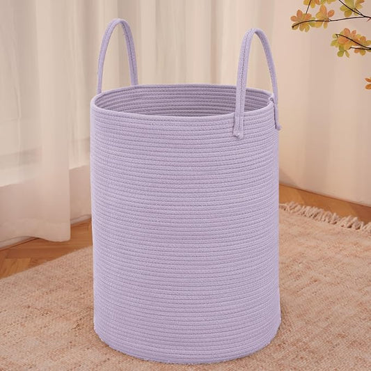 JMvicyroam 80L Cotton Rope Laundry Basket Hamper, Purple | Collapsible laundry basket, reinforced handles, freestanding, machine washable, holds 3-5 thick blankets, clothes or toys