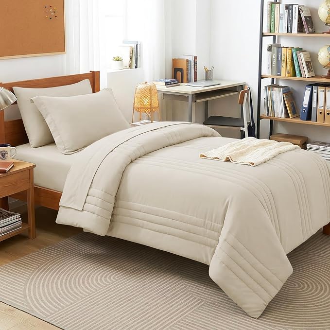 Twin Comforter Set Beige - 5 Pieces Complete Bedding Set | College Dorm Essentials, OEKO-TEX Certified, 240GSM Down-Alternative Comforter, 14" Deep-Pocket Sheets, Sham & Pillowcase