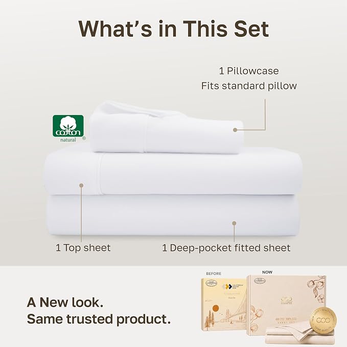 California Design Den Soft 100% Cotton Sateen XL Twin Sheets Set, 3 Pcs | 400 Thread Count Backed by Good Housekeeping Seal, All-Around Elastic, Durable, Easy Care, OEKO-TEX certified - White