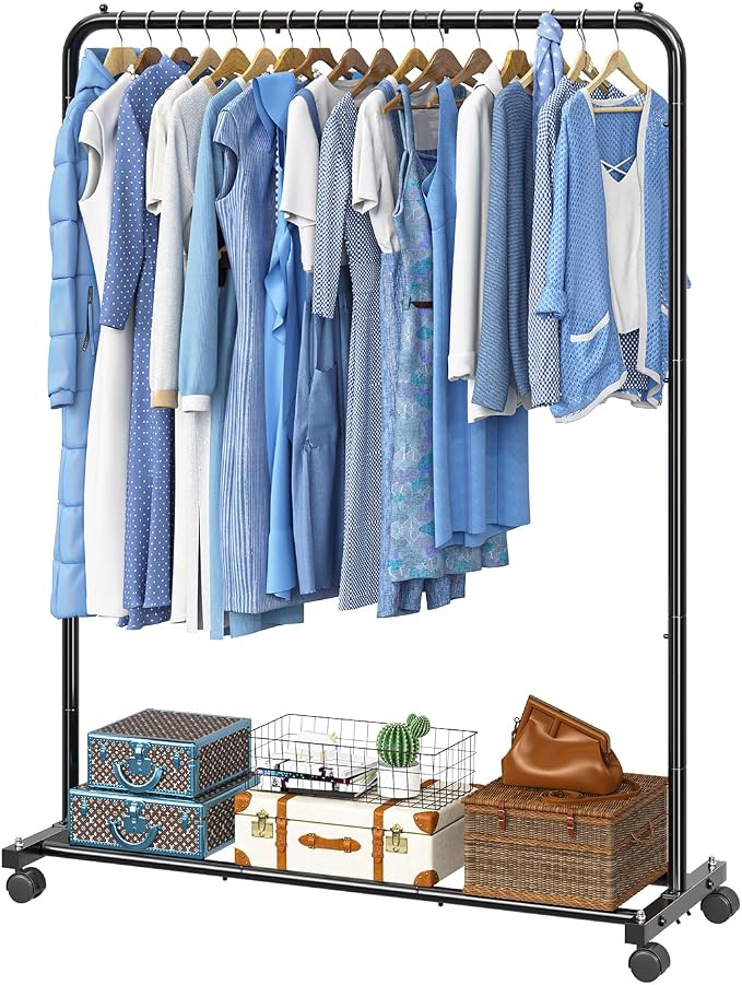 Simple Trending Clothing Rack, Portable Garment Rack, Clothes Rack, Black | Metal Frame, Bottom Shelf, 360° Lockable Wheels, Anti-Slip Stoppers, Bedroom, Laundry Room