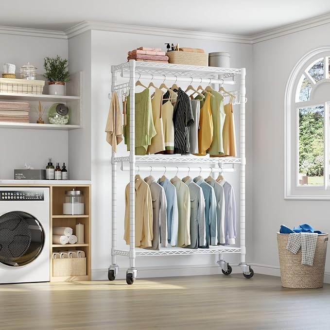 VIPEK R2 Clothing Rack for Hanging Clothes Rolling Clothes Rack Heavy Duty | Lockable Silent Wheels, Double Hanging Rods, Adjustable Wire Shelving/Side Hooks, 580lbs Space-Saving for Apartments, White
