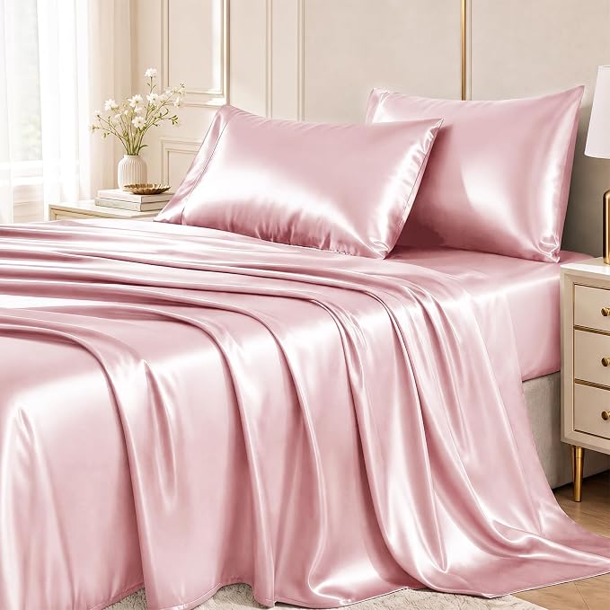 CozyLux Satin Sheets Queen, 4-Piece 14-Inch Deep Pocket Sheet Set | OEKO-TEX Certified Silky Soft Sheet Set for Hair & Skin, Luxurious Silky-Smooth Satin for Elegant Bedroom Decor, Dirty Pink