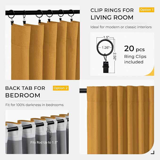 INOVADAY 100% Blackout Curtains for Bedroom Black Out Curtains 90 Inch Long | Mustard Yellow Living Room Curtains 2 Panels, Clip Rings Linen Blackout Drapes, Thermal Insulated Room Darkening,W50xL90