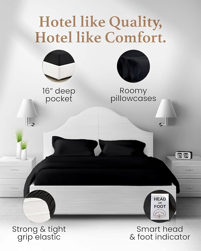 Good Sleep Bedding 100% Egyptian Cotton King Size Bed Sheets, 4 Piece Silky Sateen Weave King Sheets, Ultra-Soft & Durable Hotel Luxury, 16 Inch Deep Pocket King Sheet Set - Black