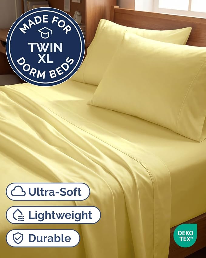 Twin XL 4 Piece Sheet Set - College Dorm Room Essentials - Yellow | Ultra Soft Dorm Bedding Set, 8" to 16" Inch Deep Pockets, 1 Flat & 1 Fitted Sheet & 2 Pillowcases, Wrinkle & Fade Free