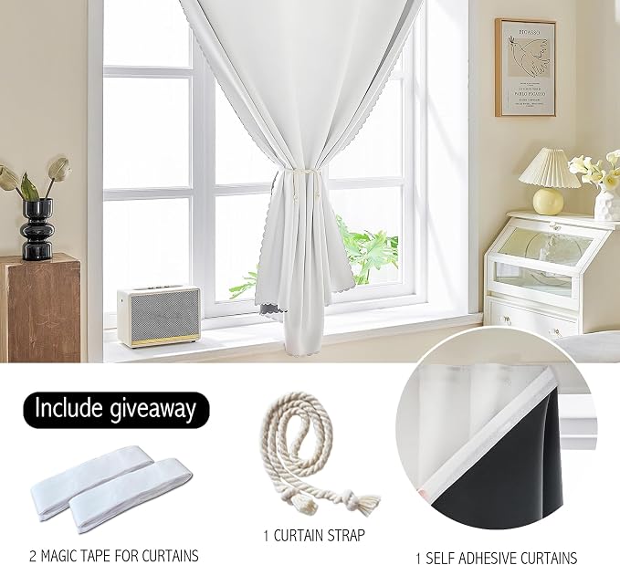 AJAZZ 100% Blackout Self Adhesive Curtains Small Window Short Temporary Black Out Curtains Easy to Install Used for Bedroom Kitchen Window Cover (White, 35" W x 54" L 1 Panel)