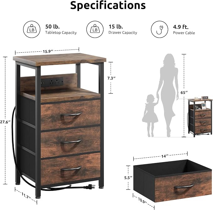 Lazzanto Night Stand with Charger Station, 3 Fabric Drawers, Brown | Nightstand, Bedside Table, Open Shelf, Built in USB-A, USB-C Port & AC Outlets, For Bedroom, Dorm, Living Room