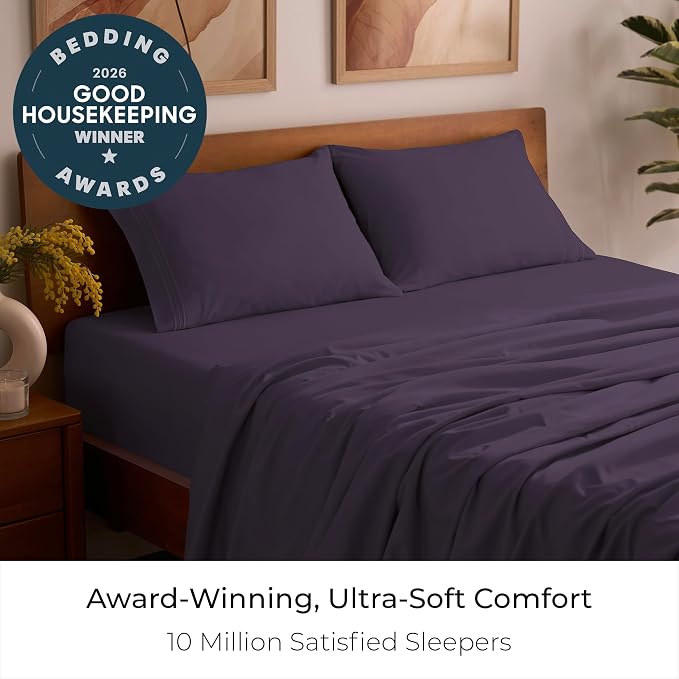 Mellanni Iconic 4-Piece, Ultra Soft Sheet Set (Queen, Purple) | 10M+ Sleepers. Lab-tested: Sleeps Cool, Stays Bright, Strong, Smooth. Good Housekeeping Best Bedding, 7 yrs running.