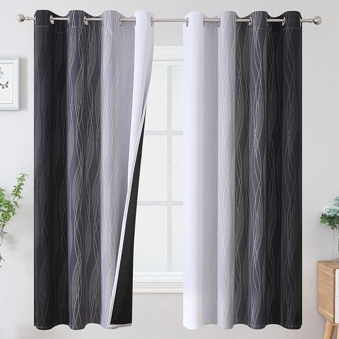 Black and Greyish White Ombre Blackout Curtains for Bedroom 52x63 Inch Long | Estelar Textiler Light Blocking Living Room Curtains, Room Darkening, Thermal Insulated Grommet Drapes for Kids Room,2 Panels