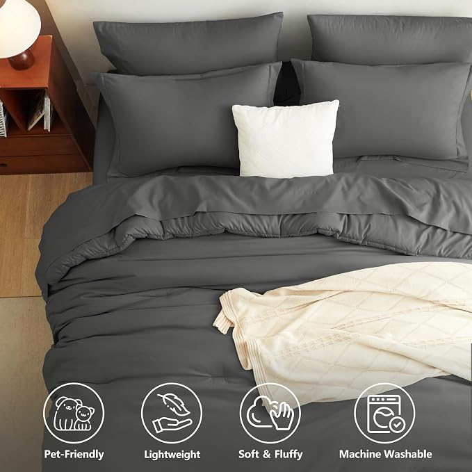 Twin XL Comforter Dark Grey, 5 Pieces Bed in a Bag | College Dorm Essentials, OEKO-TEX Certified, 240GSM Down Alternative Comforter, Flat & Fitted Sheets, Pillowcase & Sham