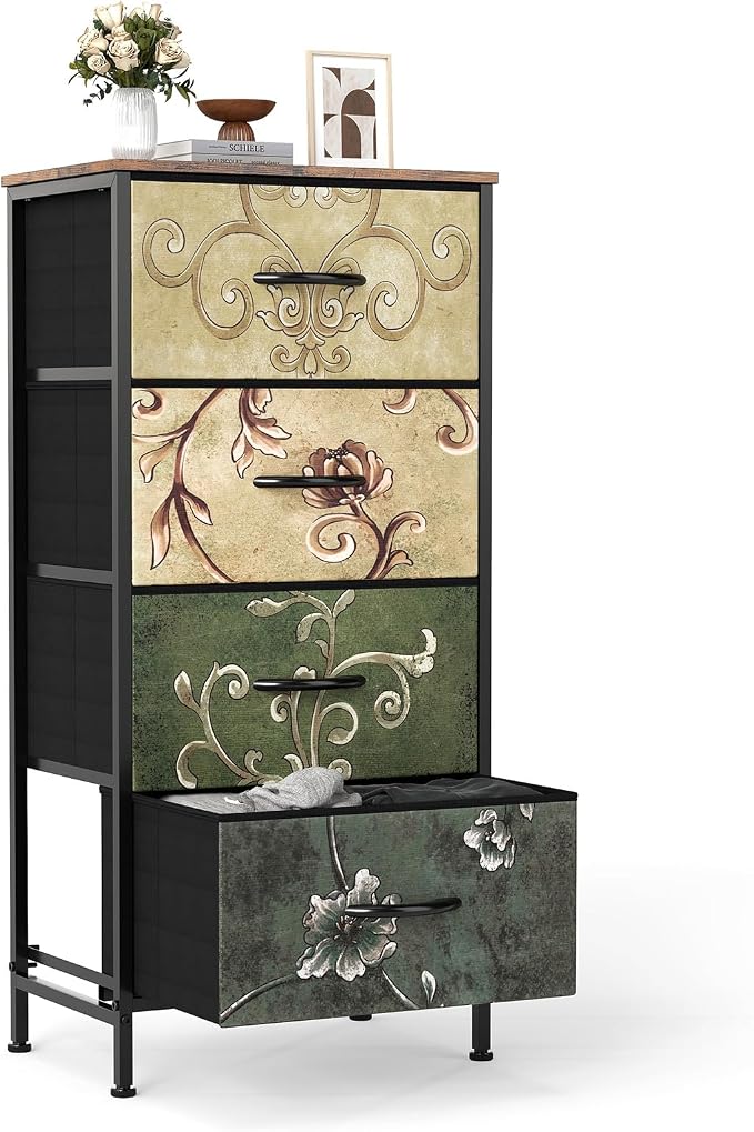 DUMOS Nightstand, Bedside Table with 4 Fabric Drawers | Night Stand with Removable Bins, Steel Frame Wood Top, Small Dresser for Bedroom Closet, Storage Tower, Floral Painted