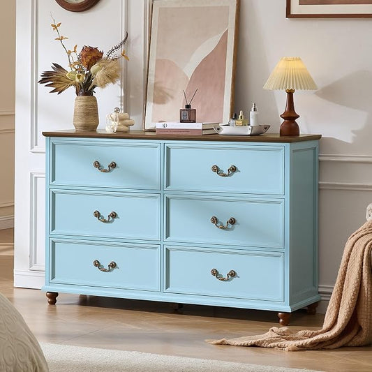 Joaxswe Farmhouse 6 Drawers Dresser for Bedroom, Vintage 54" Wide Chest of Drawers w/ 4 Wooden Legs, Rustic Large Closet Storage Dressers Organizer for Hallway, TV Stand for Living Room,Light Blue