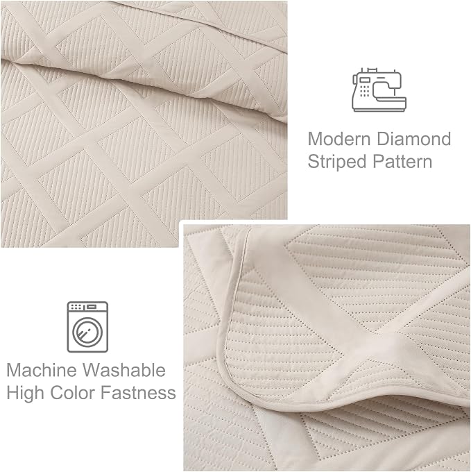 Exclusivo Mezcla Quilt King Size, Brich Beige | Soft Bedspreads with 2 Pillow Shams, Modern Striped Pattern, Lightweight Bedding Set Coverlets for All Seasons, 104x96 Inch