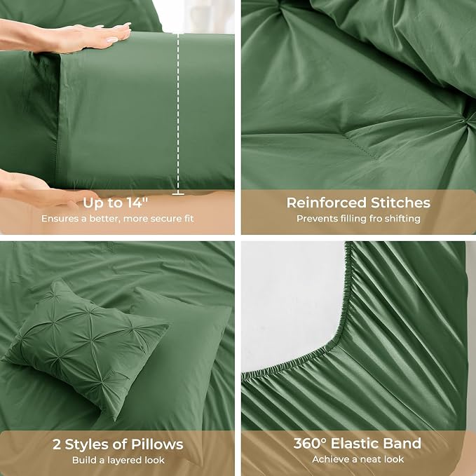Sasttie Queen Comforter Set, 7-Piece Bed in a Bag, Pintuck Bedding Sets for All Season, Includes Comforter, Flat Sheet, Fitted Sheet, Pillowcases and Pillowshams, Forest Green
