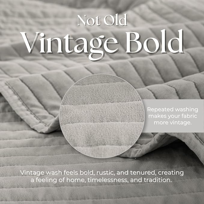 DOWN HOME King Quilt Bedding Set with Shams, Vintage Washed Soft Quilted Blanket Thin Comforter Lightweight Bedspread Coverlet Bed Cover, Brushed Microfiber Stripe Stitching, Light Gray, 104"x90"