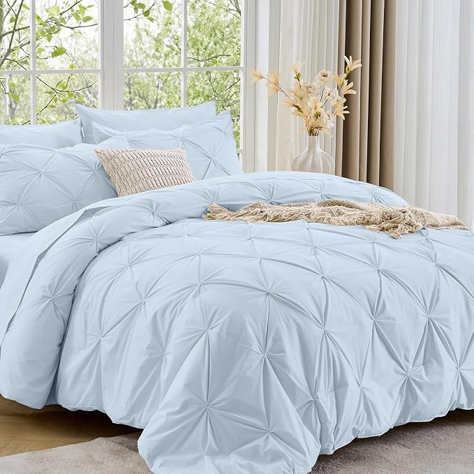 Sasttie Oversized King Comforter Set, 7-Piece Bed in a Bag, Pintuck Bedding Sets for All Season, Includes Comforter, Flat Sheet, Fitted Sheet, Pillowcases and Pillowshams, Light Blue