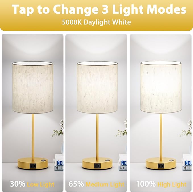17.6" Gold Touch Lamps for Bedroom Set of 2 - Dimmable, USB C+A, AC Outlet | Large 17.6" Tall Lamp, 3-Way Dimming, 5000K Daylight Bulbs, Cream Lampshade Gold Base, for Living Room, Boys, Men, Girls