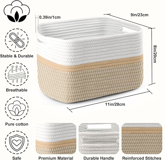 4 Pack Storage Baskets for Organizing, 11''Lx9''Wx8''H Woven Baskets for Storage Toys, Towels, Books, and Clothes, Cotton Rope Basket for Shelves with Handle