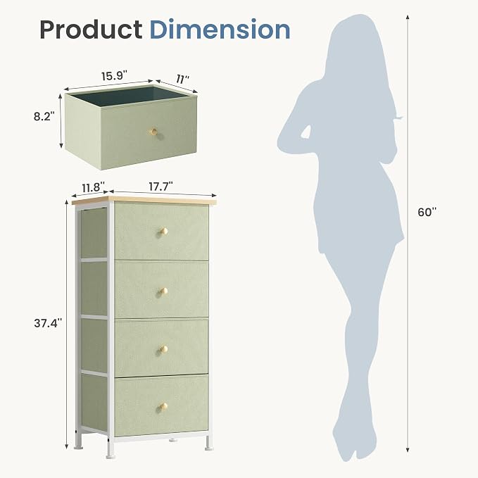 DUMOS Night Stand with 4 Drawers, Bedside Table for Bedroom | Nightstand with Removable Fabric Bins, Steel Frame with Wood Top, Small Storage Tower for Bedroom Closet, Light Green