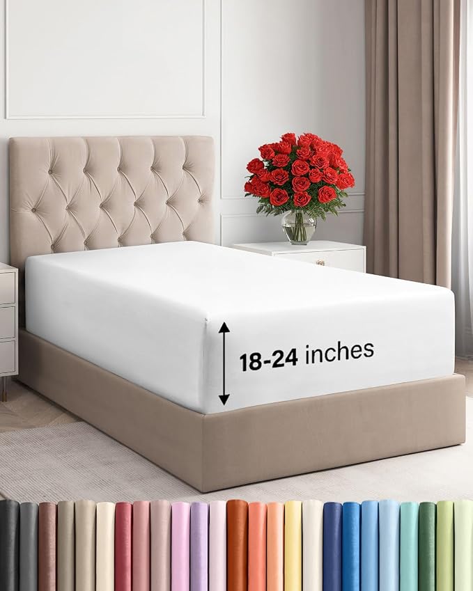 Deep Twin XL Fitted Sheet - College Dorm Room Essentials - White | Easily Fits 18 inch to 24 inch Mattress, Wrinkle Resistant, Soft, Breathable & Comfy, Extra Deep Pockets Fitted Sheet