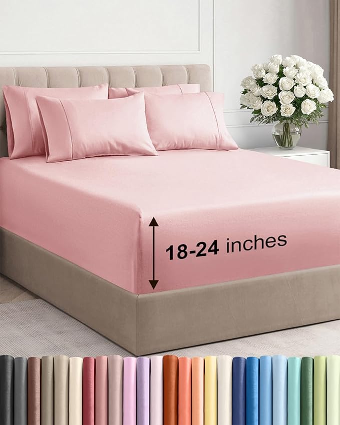 Extra Deep Queen Sheet Set - 6 Piece Breathable Cooling Sheets - Baby Pink | Hotel Luxury Bed Sheets Set, Easy & Secure Fit, Ultra-Soft, Wrinkle & Fade Free, Comfy Sheets Set with Extra Deep Pockets