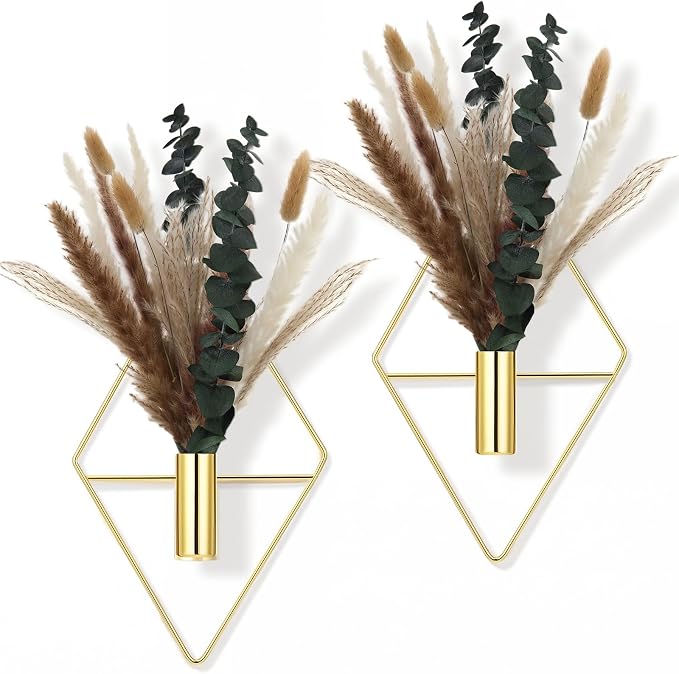 Jexine 4 Pcs Hanging Planters with Artificial Pampas Grass Metal Hanging Vase Indoor Plants Holder Modern Geometric Boho Bathroom Wall Decor for Living Room Home Office (Gloden)
