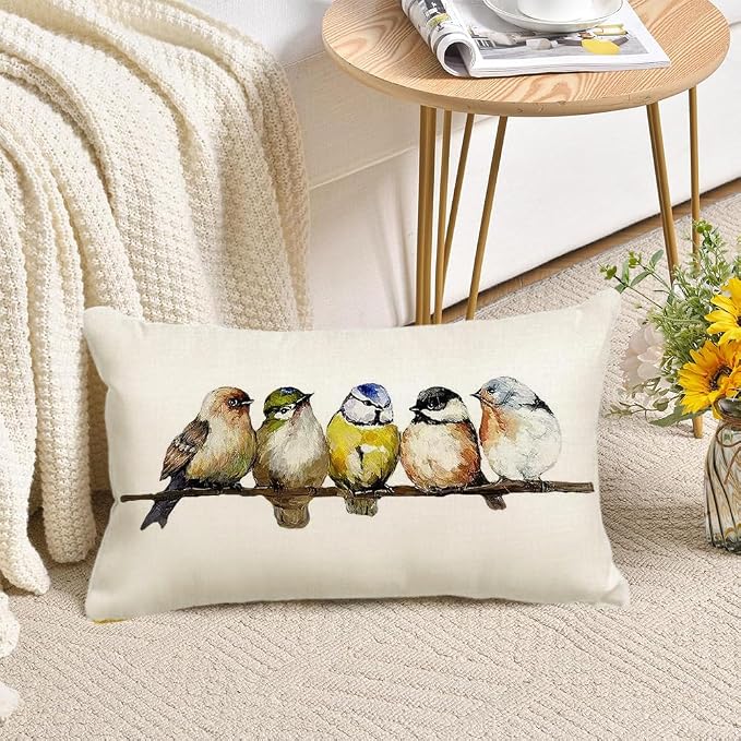 RABUSOFA Watercolor Birds Pillows Decorative Throw Pillows 12x20,Hand-Painted Oil Painting Rustic Birds Lumbar Pillow Cases,Cute Colorful Spring Summer Decorations for Home Couch Sofa Outdoor