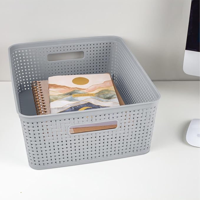 Sterilite 12 Pack Plastic Storage Bin Organization Containers, Short Baskets, Cement