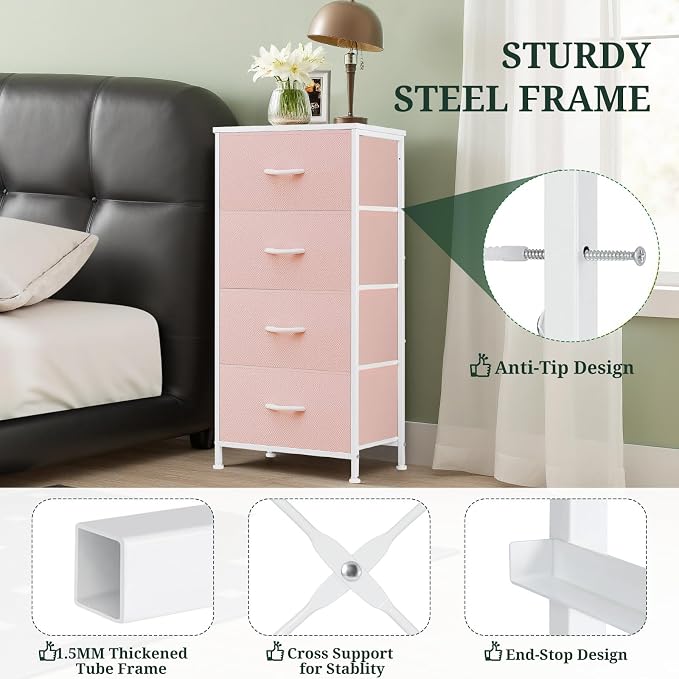 4 Drawers Dresser for Bedroom Fabric Storage Tower with Wooden Top | Steel Frame Tall Chest of Drawers for Closet, Entryway, Dorm, Pink