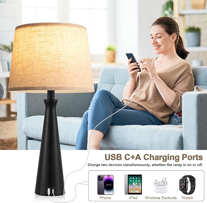 Modern Touch Lamps for Nightstand, 3 Way Dimmable Bedroom Lamp Set of 2 | USB C+A Charging Ports, Black Bedside Lamps for Bedroom, Living Room, End Table, Bed Side, LED Bulb Included