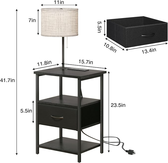 Fixwal Nightstand with LED Lights Bedside Table with 3 Color Temperatures Bulb, NightStand with Charging Station End Table with Adjustable Fabric Drawer for Bedroom Dorm, Black