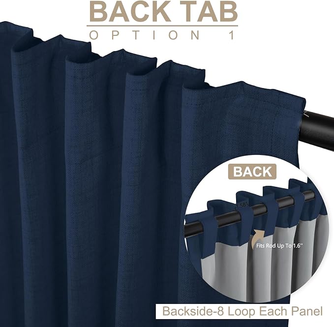Faux Linen Total Blackout Curtains for Bedroom 108 Inch Long Midnight Blue | 100% Blackout Shield, Back Tab/Rod Pocket Living Room Drapes, Thermal Insulated Blackout Curtains 2 Panels Set, 50"W x 108"L