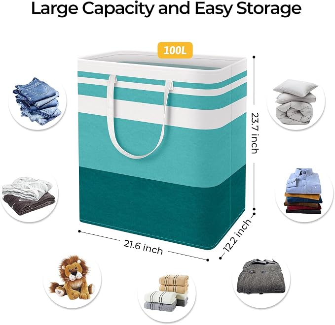 HomeHacks 2 Pack Large Laundry Baskets, Laundry Hampers Bags (Green 100Lx2) | Waterproof, Freestanding, Collapsible Clothes Hamper with Reinforced Handles in Laundry Room, Dorm, Bathroom, Bedroom
