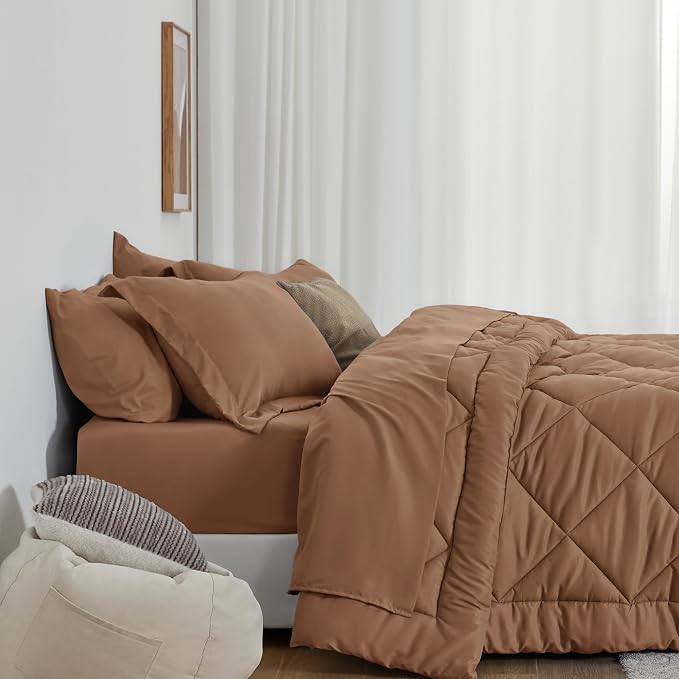 Love's cabin Twin Comforter Set Mocha Mousse, 5 Pieces Twin Bed in a Bag, All Season Bedding Sets with 1 Comforter, 1 Flat Sheet, 1 Fitted Sheet, 1 Pillowcase and 1 Pillow Sham