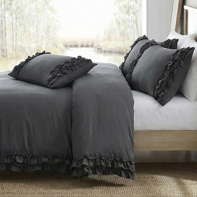 Dark Grey Ruffled Duvet Cover Queen Boho Bedding Set Gary Ruffle Fringe Shabby Chic Bedding Super Soft Cozy Farmhouse Duvet Cover Set for All Season