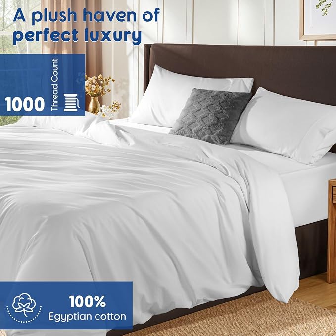 SONORO KATE 1000 Series 100% Egyptian Cotton King Duvet Cover Set,3PC | Long Staple Cotton,Sateen Weave,Soft,Breathable,Luxury Hotel Bedding,All-Season,Hidden Zipper Closure,White
