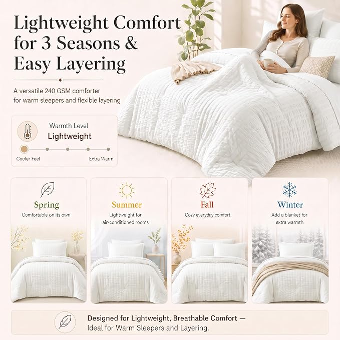 King Size Comforter Set, 7 Pieces White Seersucker Bed in a Bag | OEKO-TEX Certified, All Season Bedding Set with 240 GSM Down Alternative Comforter, Flat & Fitted Sheets, Pillowcases & Shams