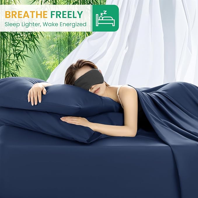 SONORO KATE 100% Viscose Derived from Bamboo_Sheets King Size,4PC | Cooling Bed Sheets for Hot Sleepers,Soft Breathable & Silky,16" Deep Pocket,Luxury Hotel Bedding,Navy Blue
