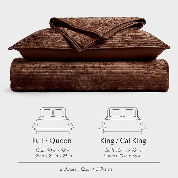EverGrace Striped Channel Velvet Quilt Set, King Size, Rust Brown | Luxurious Soft Lightweight Velvet Comforter, Oversized Bedspread Coverlet, Quilted Bedding Set for All Season, with 2 Shams