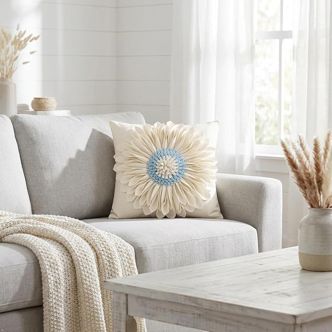 OiseauVoler Decorative 3D Flower Throw Pillow Covers Handmade Cushion Cover Cases for Couch Bed Living Room Farmhouse Home Decor 18 x 18 Inch Beige