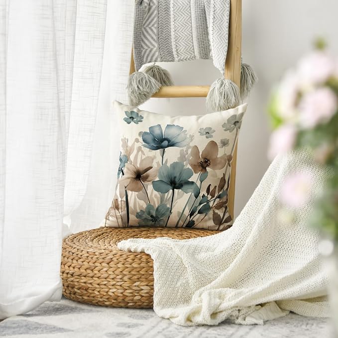 AVOIN colorlife Poppy Flowers Blue Brown Throw Pillow Cover 18x18 Inch | Chinoiserie Seasonal Leaves Cushion Case Decoration for Sofa Couch Farmhouse