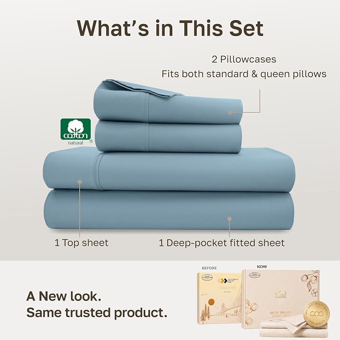 California Design Den 100% Cotton Sateen Bed Sheets Queen Size, Sky Blue | 400 Thread Count Backed by Good Housekeeping Seal, 16" Deep Pocket, All-Around Elastic, Durable, Easy Care, 4 Pc Set